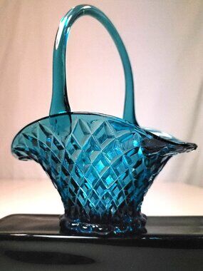 Teal Blue Indiana Glass Basket - Diamond Point Pattern - Circa 1960s Regal Blue